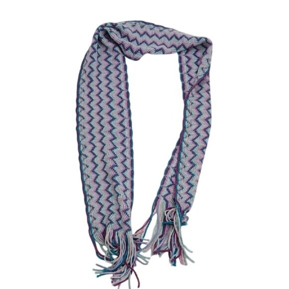 Hand Knit Scarf Multicolor Zigzag Patterned Purple Blue Fringe Womens - Picture 1 of 4